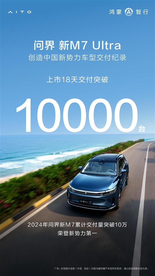 2024年暢銷新勢力SUV！問界新M7 Ultra上市18天交付超萬臺