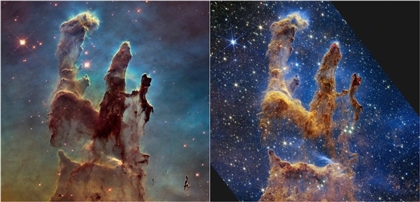 NASA公布宇宙“創(chuàng)生之柱”新影像：哈勃、韋布合力拍攝 距離地球6500光年