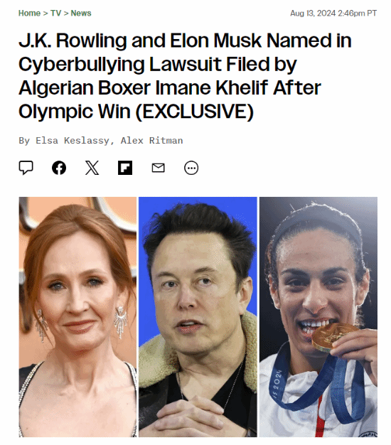 拿下奧運(yùn)會(huì)金牌！性別爭(zhēng)議拳手起訴馬斯克、JK羅琳：開始打擊網(wǎng)絡(luò)暴力