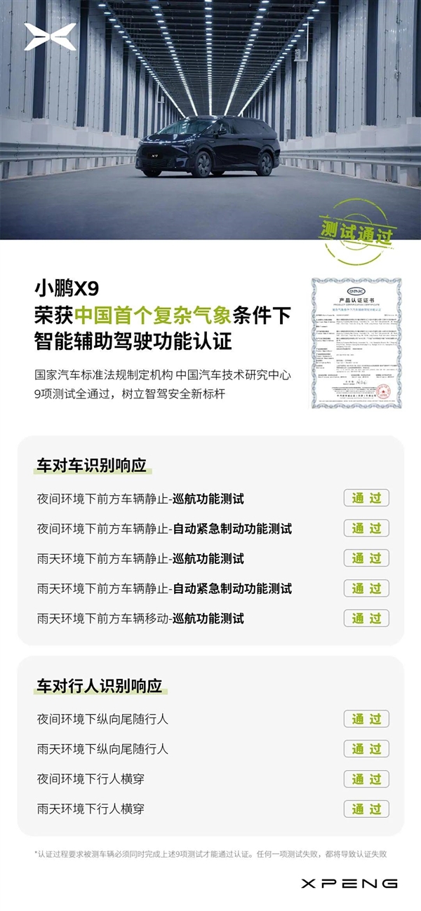 中國(guó)首個(gè)！小鵬X9完成復(fù)雜氣象條件下輔助駕駛認(rèn)證