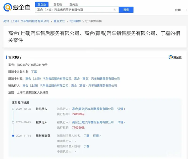 高合汽車創(chuàng)始人丁磊被限高消費：涉案公司強(qiáng)執(zhí)金額超77萬元