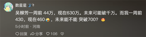 吳柳芳粉絲量突然不漲了 卡在630萬(wàn)