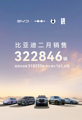 比亞迪 2 月穩(wěn)坐銷冠寶座：超 32 萬輛佳績，同比增長164%